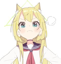 Rule 34 | 1girl, animal ear fluff, animal ears, aqua eyes, black sailor collar, blonde hair, blue archive, choker, closed mouth, frown, halo, kurumi (blue archive), light blush, looking at viewer, neckerchief, puff of air, red neckerchief, ria (52266382), sailor collar, shirt, simple background, solo, white background, white shirt