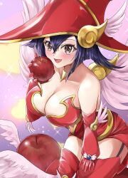 1girl absurdres apple apple_magician_girl bare_shoulders black_hair blush breasts brown_eyes cleavage collarbone commission dress duel_monster food fruit hat highres holding holding_food holding_fruit large_breasts medium_hair misakura_aoi red_dress red_hat skeb_commission solo wings yu-gi-oh!