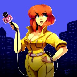 Rule 34 | 1girl, absurdres, april o&#039;neil, belt, belt buckle, blue background, blue eyes, breast pocket, breasts, brown lips, buckle, building, cable, city, cleavage, collarbone, cowboy shot, dated, hand on own hip, hand up, highres, holding, holding microphone, jumpsuit, large breasts, lips, lipstick, looking away, makeup, microphone, nose, orange hair, parted lips, partially unzipped, pocket, popped collar, raised eyebrow, ravenousruss, reporter, short hair, signature, sleeves rolled up, smirk, solo, standing, swept bangs, teenage mutant ninja turtles, teeth, watch, white belt, wristwatch, yellow jumpsuit, zipper, zipper pull tab