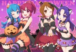 Rule 34 | 10s, 4girls, :d, ;), ;q, aino megumi, alternate costume, animal ears, bell, black gloves, black legwear, blue eyes, blue hair, breasts, brown eyes, brown hair, cape, cat ears, cat tail, choker, cleavage, detached collar, dress, elbow gloves, food-themed hair ornament, frilled dress, frills, fur trim, gloves, hair ornament, halloween, happinesscharge precure!, happy halloween, hat, highres, hikawa iona, jack-o&#039;-lantern, jingle bell, kuune rin, long hair, looking at viewer, midriff, multiple girls, navel, one eye closed, oomori yuuko, open mouth, pantyhose, pink eyes, ponytail, precure, pumpkin, pumpkin hair ornament, purple eyes, purple gloves, purple hair, red hair, shirayuki hime, short hair, small breasts, smile, star (symbol), striped clothes, striped legwear, striped thighhighs, tail, thighhighs, tongue, tongue out