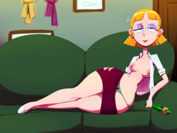 Rule 34 | 1girl, alcohol, belly, black eyes, blonde hair, blunt bangs, bottle, breasts, breasts apart, collared shirt, couch, drink, drunk, earrings, eyeshadow, facing viewer, full body, glasses, hand on own hip, hey arnold!, high heels, indoors, jewelry, legs together, looking at viewer, makeup, mature female, miriam pataki, narrow waist, navel, no bra, no socks, nose, on couch, open clothes, open shirt, panties, purple eyeshadow, rimless eyewear, shirt, short hair, sitting, skirt, small breasts, solo, stomach, thehumancopier, underwear, wide hips