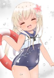 Rule 34 | 1girl, blonde hair, blue sailor collar, closed eyes, crop top, flower, hair flower, hair ornament, highres, kantai collection, lifebuoy, looking at viewer, mugichoko (mugi no choko), one-piece swimsuit, one-piece tan, open mouth, ro-500 (kancolle), sailor collar, school swimsuit, simple background, solo, swim ring, swimsuit, swimsuit under clothes, tan, tanline, water drop, white background, yellow background