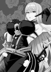 Rule 34 | 1girl, animenokuni, armpits, backless outfit, black gloves, breasts, eyebrows hidden by hair, floral background, flower, gloves, greyscale, hair between eyes, hand on own chest, large breasts, long hair, looking at viewer, monochrome, petals, rose, rose background, saber (weapon), selvaria bles, senjou no valkyria, senjou no valkyria (series), senjou no valkyria 1, sheath, sheathed, simple background, sleeve cuffs, sleeveless, solo, sword, upper body, weapon