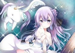Rule 34 | 1girl, azur lane, bare shoulders, black bow, black ribbon, blush, bow, breasts, closed mouth, commentary request, dress, elbow gloves, feathered wings, flight deck, garter straps, gloves, hair between eyes, hair bun, hair ribbon, highres, kuromiko shoujo, long hair, looking at viewer, looking to the side, medium breasts, one side up, pegasus, purple eyes, purple hair, ribbon, side bun, single hair bun, single side bun, sky, smile, solo, star (sky), starry sky, strapless, strapless dress, unicorn, unicorn (azur lane), very long hair, white dress, white gloves, white wings, wings