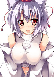 Rule 34 | 1girl, animal ears, bare shoulders, blush, breasts, covered erect nipples, detached sleeves, female focus, hat, impossible clothes, impossible shirt, inubashiri momiji, large breasts, midriff, navel, open mouth, red eyes, ryokushiki (midori-ya), shirt, short hair, silver hair, simple background, smile, solo, tokin hat, touhou, upper body, wolf ears