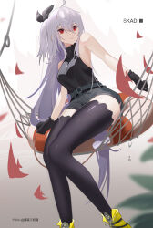 Rule 34 | 1girl, absurdres, ahoge, arknights, belt, black gloves, black shirt, black shorts, black thighhighs, breasts, brown background, character name, closed mouth, feet out of frame, fish, gloves, gradient background, grey hair, guanzhuang sanwenmao, hammock, high-waist shorts, highres, jewelry, lifebuoy, long hair, looking to the side, medium breasts, necklace, official alternate costume, pixiv username, red eyes, shirt, short shorts, shorts, sitting, skadi (arknights), skadi (the next afternoon tea) (arknights), sleeveless, sleeveless shirt, swim ring, thighhighs, very long hair, white background, yellow footwear