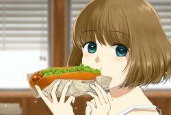 Rule 34 | 1girl, bad id, bad pixiv id, blue eyes, brown hair, close-up, eating, food, hot dog, looking at viewer, newspaper, original, portrait, reito6, short hair, solo, window