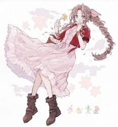 Rule 34 | aerith gainsborough, bangle, boots, bracelet, breasts, brown footwear, brown hair, chocobo, choker, cropped jacket, dress, final fantasy, final fantasy vii, final fantasy vii remake, flower, flower basket, flower choker, frilled dress, frills, full body, green eyes, hair ribbon, hand on own face, highres, holding, holding flower, jacket, jewelry, knees together feet apart, light blush, long dress, long hair, looking at viewer, moogle, nocoyaki, parted bangs, pink dress, pink ribbon, red jacket, ribbon, sabotender, short sleeves, sidelocks, small breasts, square enix, tonberry, wavy hair, white background, white flower, yellow flower
