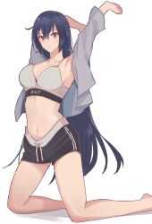 Rule 34 | 1girl, barefoot, black hair, black shorts, breasts, cleavage, dolphin shorts, grey sports bra, hair between eyes, highres, kantai collection, kasumi (skchkko), kneeling, long hair, looking at viewer, midriff, nagato (kancolle), open clothes, red eyes, short shorts, shorts, simple background, solo, sports bra, stretching, very long hair, white background