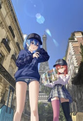 Rule 34 | 2girls, absurdres, asakura (asa t77), blue eyes, blue hair, briefcase, brochure, cellphone, city, confused, day, eiffel tower, france, green eyes, highres, holding, holding phone, hololive, hoshimachi suisei, multiple girls, open mouth, outdoors, phone, pink hair, sakura miko, shorts, smartphone, smile, vacation, virtual youtuber