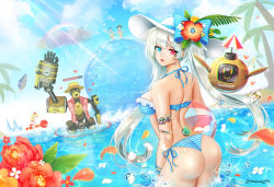 Rule 34 | armlet, ass, bikini, blue eyes, bubble, cyphers, day, flower, hat, hat flower, heart, highres, long hair, looking at viewer, looking back, parted lips, petals, ravaniz, red eyes, robot, side-tie bikini bottom, solo focus, striped bikini, striped clothes, summer, sun hat, swimsuit, trixie (cyphers), twintails, very long hair, wading, water, waving
