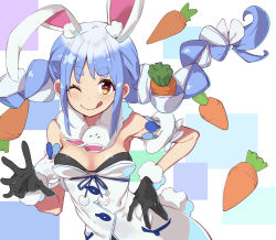 Rule 34 | 1girl, :p, animal ear fluff, animal ears, armpits, black gloves, blue hair, bow, braid, breasts, carrot, carrot hair ornament, detached sleeves, don-chan (usada pekora), dress, food-themed hair ornament, fur scarf, fur trim, gloves, hair between eyes, hair bow, hair ornament, hand on own hip, highres, hololive, long hair, looking at viewer, multicolored hair, one eye closed, orange eyes, pom pom (clothes), puffy short sleeves, puffy sleeves, rabbit-shaped pupils, rabbit ears, rabbit girl, short dress, short eyebrows, short sleeves, simple background, solo, strapless, strapless dress, symbol-shaped pupils, thick eyebrows, tongue, tongue out, twin braids, two-tone hair, usada pekora, usada pekora (1st costume), ushiki yoshitaka, virtual youtuber, white bow, white dress, white hair