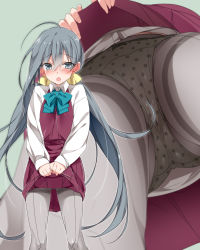 Rule 34 | 10s, 1girl, ahoge, blouse, blush, bow, bow panties, breasts, clothes lift, commentary request, dress, dress lift, from below, grey eyes, grey hair, grey pantyhose, hair ribbon, highres, kantai collection, kiyoshimo (kancolle), long hair, long sleeves, looking at viewer, low twintails, mtu (orewamuzituda), multiple views, open mouth, panties, panties under pantyhose, pantyhose, pantyshot, polka dot, polka dot panties, ribbon, shirt, skirt, skirt lift, sleeveless, sleeveless dress, small breasts, thighband pantyhose, twintails, underwear, upskirt, v arms, very long hair, white panties, white shirt