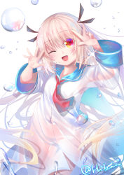 Rule 34 | 1girl, ahoge, atri-my dear moments-, black ribbon, blue sailor collar, blush, bubble, dress, hair between eyes, hair ribbon, hibari hina, highres, lips, long hair, long sleeves, looking at viewer, one eye closed, open mouth, red eyes, ribbon, sailor collar, sailor dress, see-through, smile, solo, two side up, very long hair, white background, white dress, wide sleeves