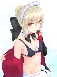 Rule 34 | 1girl, apron, artoria pendragon (alter swimsuit rider) (second ascension) (fate), artoria pendragon (fate), artoria pendragon (swimsuit archer) (fate), bikini, bikini top only, black bikini, black bow, black neckwear, blonde hair, bow, braid, braided bun, breasts, choker, cleavage, fate/grand order, fate (series), frilled apron, frilled bikini, frilled bikini top, frills, groin, hair between eyes, hair bow, hair bun, highres, jacket, long sleeves, maid headdress, medium breasts, navel, open clothes, open jacket, reuri (tjux4555), short hair, sideboob, simple background, solo, swimsuit, undressing, upper body, waist apron, white apron, white background, yellow eyes