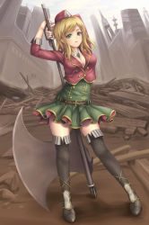 Rule 34 | 1girl, arms behind head, axe, battle axe, belt, blonde hair, boots, breasts, brooch, brown footwear, buckle, building, buttons, cleavage, destruction, detached collar, female focus, full body, gem, green eyes, hat, huge weapon, jewelry, no bra, original, outdoors, ruins, sasaame, skirt, skyscraper, solo, standing, thigh boots, thighhighs, weapon, zettai ryouiki