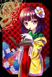 Rule 34 | 1girl, black border, book, border, cherry blossoms, filigree, flower, forbidden scrollery, nib pen (object), gloves, gradient eyes, hair flower, hair ornament, hakama, hakama skirt, hieda no akyuu, highres, holding, holding book, holding pen, japanese clothes, multicolored eyes, nomayo, off shoulder, open book, pen, pen to mouth, purple hair, red rope, rope, skirt, solo, thinking, touhou, white gloves, yagasuri