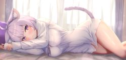 Rule 34 | 1girl, absurdres, ahoge, animal ear fluff, animal ears, bed sheet, blunt bangs, blurry, blurry background, blush, bow, bowtie, breast pocket, breasts, cat ears, cat girl, cat tail, closed mouth, curtains, highres, hololive, long sleeves, looking at viewer, lying, medium breasts, medium hair, naked shirt, nekomata okayu, nekomata okayu (oversized shirt), official alternate costume, on side, pocket, shirt, sidelocks, smile, solo, tachibana yuu (shika), tail, thighs, virtual youtuber, white shirt, wrist cuffs