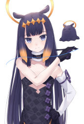 1girl, absurdres, animal ears, bare shoulders, black gloves, blue eyes, blush, closed mouth, collarbone, commentary, detached collar, detached sleeves, drawing, dress, eyebrows visible through hair, eyelashes, flat chest, fur-trimmed collar, gloves, gradient hair, halo, hand on hip, highres, holding, holding stylus, hololive, hololive english, kttmr i, light smile, long hair, looking at viewer, mole, mole under eye, multicolored hair, ninomae ina&#039;nis, orange hair, purple hair, simple background, single sleeve, smile, solo, strapless, strapless dress, stylus, tako (ninomae ina&#039;nis), tentacle hair, two-tone hair, upper body, virtual youtuber, white background