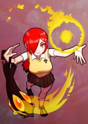 Rule 34 | 1girl, absurdres, aged down, breasts, collarbone, fire, from above, hair over one eye, highres, holding, holding umbrella, krieg (skullgirls), large breasts, long hair, looking up, necktie, orange eyes, parasoul (skullgirls), pata n, pleated skirt, red background, red hair, school uniform, shoes, skirt, skullgirls, smile, socks, solo, umbrella