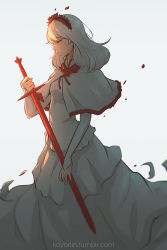 Rule 34 | 1girl, breasts, brown eyes, capelet, dress, fennel (momodora), hairband, holding, holding sword, holding weapon, koyorin, long dress, long hair, momodora: reverie under the moonlight, princess, small breasts, solo, sword, watermark, weapon, web address, white dress, white hair