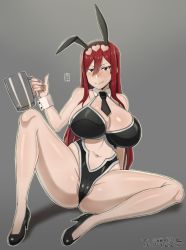 Rule 34 | 1girl, animal ears, arm support, black footwear, black leotard, blush, breasts, cameltoe, cleft of venus, crotch, erza scarlet, fairy tail, fake animal ears, female focus, full body, grey background, hair ornament, heart, heart hair ornament, high heels, highres, holding glass, huge breasts, legs, leotard, long hair, navel, necktie, playboy bunny, rabbit ears, red hair, simple background, sitting, skindentation, solo, spread legs, thick thighs, thighs, tsurime