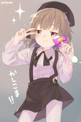Rule 34 | 1girl, beret, black hat, black skirt, blush, brown background, brown eyes, brown hair, closed mouth, dx (dekusu), fang, fang out, gradient background, hat, hatoba tsugu, highres, looking at viewer, mole, mole under eye, pantyhose, rod, short hair, skirt, solo, sparkle, standing, suspender skirt, suspenders, translation request, twitter username, v, virtual youtuber, wand, white pantyhose