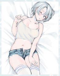 Rule 34 | 1girl, absurdres, bad id, bad pixiv id, bare arms, bare shoulders, bed sheet, blue eyes, breasts, camisole, closed mouth, collarbone, cutoffs, denim, denim shorts, ear piercing, from above, highres, looking at viewer, lying, medium breasts, mole, mole on breast, mole on neck, navel, on back, one eye closed, open clothes, open fly, open shorts, original, piercing, short hair, short shorts, shorts, silver hair, solo, stomach, strap lift, sweat, tattoo, thighhighs, unbuttoned, uni (melm), white thighhighs