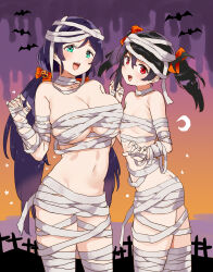 2girls ass bat_(animal) black_hair blush breasts butt_crack cleavage flat_chest gradient_background green_eyes hair_ornament halloween halloween_costume highres jack-o&#039;-lantern jack-o&#039;-lantern_hair_ornament kurokawa_makoto large_breasts long_hair looking_at_viewer love_live! love_live!_school_idol_project low_twintails moon multiple_girls mummy_costume navel open_mouth orange_ribbon pumpkin purple_hair red_eyes ribbon smile tojo_nozomi tombstone twintails very_long_hair yazawa_nico