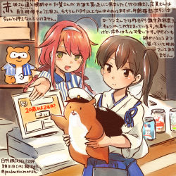 Rule 34 | 10s, 2girls, adapted costume, admiral (kancolle), ahoge, alternate costume, brown eyes, brown hair, commentary request, dated, employee uniform, eyebrows, green eyes, hair flaps, hairband, hat, japanese clothes, kaga (kancolle), kantai collection, kawakaze (kancolle), kirisawa juuzou, lawson, military hat, multiple girls, muneate, non-human admiral (kancolle), open mouth, ponta (ponta card), red hair, remodel (kantai collection), side ponytail, translation request, twitter username, uniform