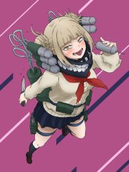 Rule 34 | 1girl, absurdres, belt, blonde hair, blue skirt, blunt bangs, blush, boku no hero academia, cardigan, double bun, fangs, full body, hair bun, highres, holding, holding knife, holding weapon, knife, loafers, open mouth, pleated skirt, scarf, school uniform, serafuku, shoes, sidelocks, skirt, slit pupils, solo, syringe, tagme, thigh strap, toga himiko, tongue, tongue out, utility belt, weapon, yellow eyes