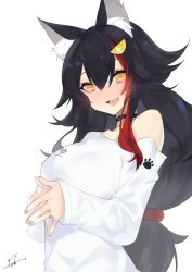 Rule 34 | 1girl, animal ear fluff, animal ears, black choker, black hair, blush, breasts, choker, fang, fataaa, hair between eyes, hair ornament, highres, hololive, hololive gamers, jewelry, long hair, long sleeves, looking at viewer, medium breasts, multicolored hair, off shoulder, ookami mio, ookami mio (casual), open mouth, own hands together, paw print, ring, shirt, signature, simple background, sleeves past wrists, smile, solo, streaked hair, upper body, virtual youtuber, white background, white shirt, wolf ears, wolf girl