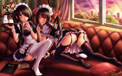 Rule 34 | 2girls, all fours, alternate costume, apron, backless dress, backless outfit, black hair, black legwear, black panties, bow, bowtie, clock eyes, commentary request, date a live, dress, dual persona, finger to mouth, frilled dress, frilled legwear, frills, garter straps, hair bow, hair over one eye, hair over shoulder, heterochromia, highres, holding, holding tray, indoors, long hair, looking at viewer, maid, maid headdress, menu, multiple girls, panties, red bow, red eyes, revision, sunset, symbol-shaped pupils, thighhighs, tokisaki kurumi, translated, tray, tsubasaki, twintails, underwear, white apron, white legwear, window, wristband, yellow eyes