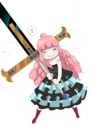 Rule 34 | 1girl, anya&#039;s heh face (meme), artist request, breasts, cleavage, dress, drill hair, highres, holding, holding sword, holding weapon, huge weapon, long hair, looking at viewer, meme, one piece, perona, pink hair, simple background, smile, solo, speed lines, sword, translation request, twitter username, very long hair, weapon, white background, yoru (one piece)