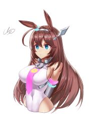 Rule 34 | 1girl, ahoge, animal ears, arms behind back, bare shoulders, blue eyes, blush, breasts, brown hair, closed mouth, commentary request, cowboy shot, cropped legs, detached sleeves, ear ornament, ge (zmq67911029), hair ornament, hairclip, highleg, highleg leotard, horse ears, horse girl, large breasts, leotard, long hair, mihono bourbon (umamusume), necktie, pink necktie, signature, silver hairband, simple background, solo, umamusume, very long hair, white background, white leotard