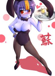 Rule 34 | 1girl, animal ears, blue hair, blue skin, blush, breasts, capcom, cleavage, colored skin, cuffs, fake animal ears, jiangshi, large breasts, lei lei, ofuda, original, pantyhose, playboy bunny, potion (moudamepo), rabbit ears, red eyes, short hair, solo, tray, vampire (game), wrist cuffs