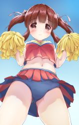 Rule 34 | 1girl, absurdres, bare shoulders, blue background, blue buruma, blush, breasts, brown eyes, brown hair, buruma, cheerleader, closed mouth, commentary request, crop top, from below, gluteal fold, gradient background, hair ribbon, highres, holding, idolmaster, idolmaster cinderella girls, kuroba aki, looking at viewer, looking down, medium breasts, midriff, navel, ogata chieri, pleated skirt, pom pom (cheerleading), red shirt, red skirt, ribbon, shirt, skirt, sleeveless, sleeveless shirt, smile, solo, striped ribbon, twintails, upskirt, white ribbon