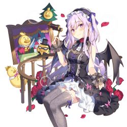 Rule 34 | 1girl, bat wings, bird, black wings, blush, cross, cross earrings, dress, earrings, flower, guard rail, hairband, jewelry, light purple hair, lolita hairband, long hair, looking at viewer, miss barbara, official art, opera glasses, petals, pointy ears, purple eyes, rose, rose petals, sleeveless, sleeveless dress, smile, solo, spider web print, theater, thighhighs, transparent background, two side up, uchi no hime-sama ga ichiban kawaii, wings, wrist cuffs