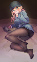 Rule 34 | 1girl, ammunition belt, ammunition pouch, blonde hair, closed mouth, company of heroes, full body, german army, green eyes, hair between eyes, hat, helmet, highres, long hair, long sleeves, looking at viewer, lying, military, military hat, military uniform, no shoes, on side, original, pantyhose, pouch, rocket, solo, uniform, volksgrenadier (company of heroes), world war ii, zhainan s-jun