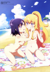 Rule 34 | 10s, 2girls, :d, absurdres, ass, barefoot, beach, blanket, blonde hair, blue eyes, blue sky, blush, breasts, cloud, collarbone, day, feet, food, food on face, from side, front-tie top, gabriel dropout, gabriel tenma white, hair ornament, hairclip, highres, ice cream, kneeling, kuwabara naoko, long hair, medium breasts, multiple girls, navel, nipples, nude, nude filter, o3o, open mouth, outdoors, ponytail, purple eyes, purple hair, pussy, scan, short hair, sky, small breasts, smile, third-party edit, uncensored, vignette tsukinose april, wide ponytail, wiping face, x hair ornament