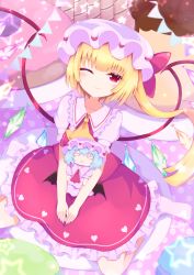Rule 34 | 1girl, ascot, bat wings, blonde hair, blue hair, blush, closed mouth, collar, collared shirt, crystal, dress, eyes visible through hair, flandre scarlet, frilled collar, frills, hair between eyes, hat, hat ribbon, heart, heart print, highres, jewelry, looking at viewer, looking down, mob cap, multicolored wings, no shoes, on bed, one eye closed, one side up, open mouth, pillow, pink dress, pink hat, pink ribbon, pink sleeves, puffy short sleeves, puffy sleeves, red ascot, red eyes, red ribbon, remilia scarlet, ribbon, seiza, shirt, short hair, short sleeves, sitting, smile, socks, solo, star (symbol), tomoe (fdhs5855), touhou, toy, white eyes, white hat, white shirt, white sleeves, white socks, wings, yellow ascot