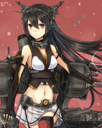 Rule 34 | 10s, 1girl, bad id, bad pixiv id, bare shoulders, black hair, blush, breasts, elbow gloves, fingerless gloves, gloves, hair ornament, hairband, headgear, kantai collection, long hair, looking at viewer, nagato (kancolle), navel, red eyes, skirt, solo, standing, stomach, thighhighs, umasanjin
