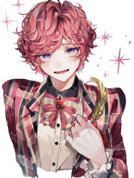 Rule 34 | 1boy, :d, absurdres, blush, bow, bowtie, brooch, chloe collins, collared shirt, cropped torso, curly hair, dress shirt, feathers, frilled sleeves, frills, gem, highres, jacket, jewelry, lapel pin, looking at viewer, mahoutsukai no yakusoku, male focus, mole, mole under eye, nervous smile, open clothes, open jacket, open mouth, plaid, plaid jacket, purple eyes, red bow, red bowtie, red gemstone, red hair, red jacket, shirt, simple background, smile, solo, sparkle, sweatdrop, swept bangs, two-tone bow, u-sama (u summer0719), white background, white shirt