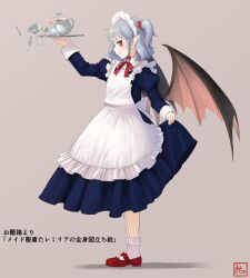 Rule 34 | 1girl, alternate costume, alternate hairstyle, apron, bow, braid, commentary request, creamer (vessel), cup, dress, enmaided, full body, grey hair, hair bow, highres, kitano (kitanosnowwhite), lifted by self, maid, maid headdress, mary janes, one side up, pointy ears, red bow, red eyes, remilia scarlet, shoes, side braid, simple background, skirt hold, solo, spilling, spoon, standing, sugar cube, tea, teacup, teapot, touhou, tray