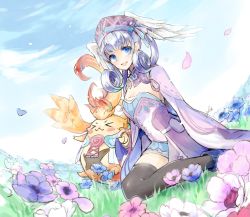 Rule 34 | &gt; &lt;, 1girl, bad id, bad twitter id, blue eyes, blush stickers, breasts, cape, chion (yukina), day, dress, fisheye, flower, hat, head wings, highres, meadow, medium breasts, melia antiqua, nintendo, nopon, outdoors, riki (xenoblade), short dress, silver hair, sky, thighhighs, wings, xenoblade chronicles (series), xenoblade chronicles 1