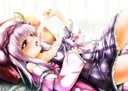Rule 34 | 1girl, bed sheet, blush, breasts, cleavage, curtains, dress, covered erect nipples, hair ribbon, hand on own chest, hat, large breasts, long hair, long sleeves, lying, mob cap, off shoulder, on back, patchouli knowledge, pillow, popsicle, purple eyes, purple hair, ribbon, saliva, sexually suggestive, short dress, solo, special tan, tongue, tongue out, touhou, tress ribbon