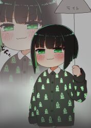 Rule 34 | 1girl, allmind (armored core 6), armored core, armored core 6, black hair, black shirt, blush, ceiling light, closed mouth, collared shirt, dress shirt, green eyes, green hair, grey background, highres, i.u.y, long sleeves, mole, mole under eye, multicolored hair, print shirt, puffy long sleeves, puffy sleeves, shirt, short hair, simple background, sleeves past wrists, smile, smug, solo, translation request, two-tone hair, v-shaped eyebrows, zoom layer