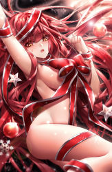Rule 34 | 1girl, absurdres, arm up, been, bow, breasts, elesis (elsword), elsword, highres, large breasts, lens flare, long hair, looking at viewer, naked ribbon, open mouth, red bow, red hair, red ribbon, ribbon, sideboob, snowflakes, solo, sweatdrop, very long hair, yellow eyes