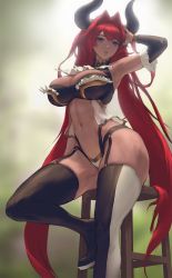 Rule 34 | 1girl, arm up, black garter straps, black thighhighs, blue eyes, borrowed character, breasts, chair, demon girl, garter straps, hair between eyes, hair intakes, highres, infi, long hair, looking at viewer, red hair, sitting, skindentation, solo, striped clothes, striped thighhighs, tagme, thighhighs, thighs, tsunoko, vertical-striped clothes, vertical-striped thighhighs