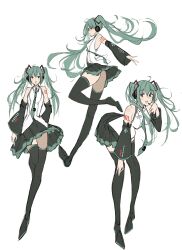 Rule 34 | 1girl, absurdres, aqua eyes, aqua hair, aqua necktie, black skirt, black thighhighs, boots, collared shirt, detached sleeves, full body, hatsune miku, headphones, headset, highres, long hair, looking at viewer, multiple views, necktie, number tattoo, open mouth, po (anhk5528), shirt, simple background, skirt, tattoo, thigh boots, thighhighs, twintails, vocaloid, white background, white shirt